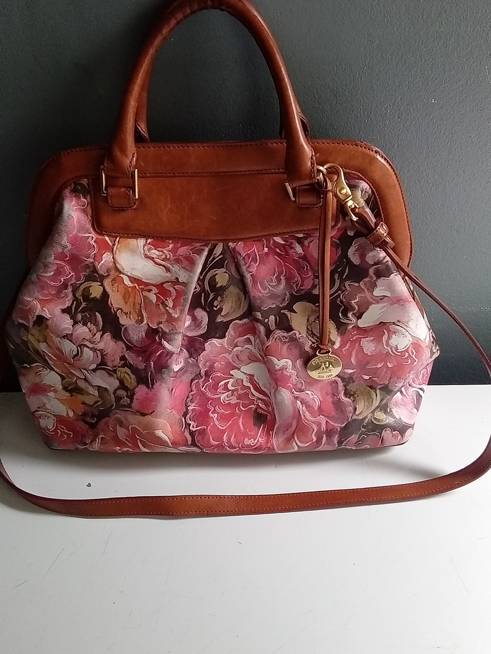 Brahmin Floral Satchel Pink Tan Leather Doctor Bag Crossbody Handbag - Picture 7 of 9